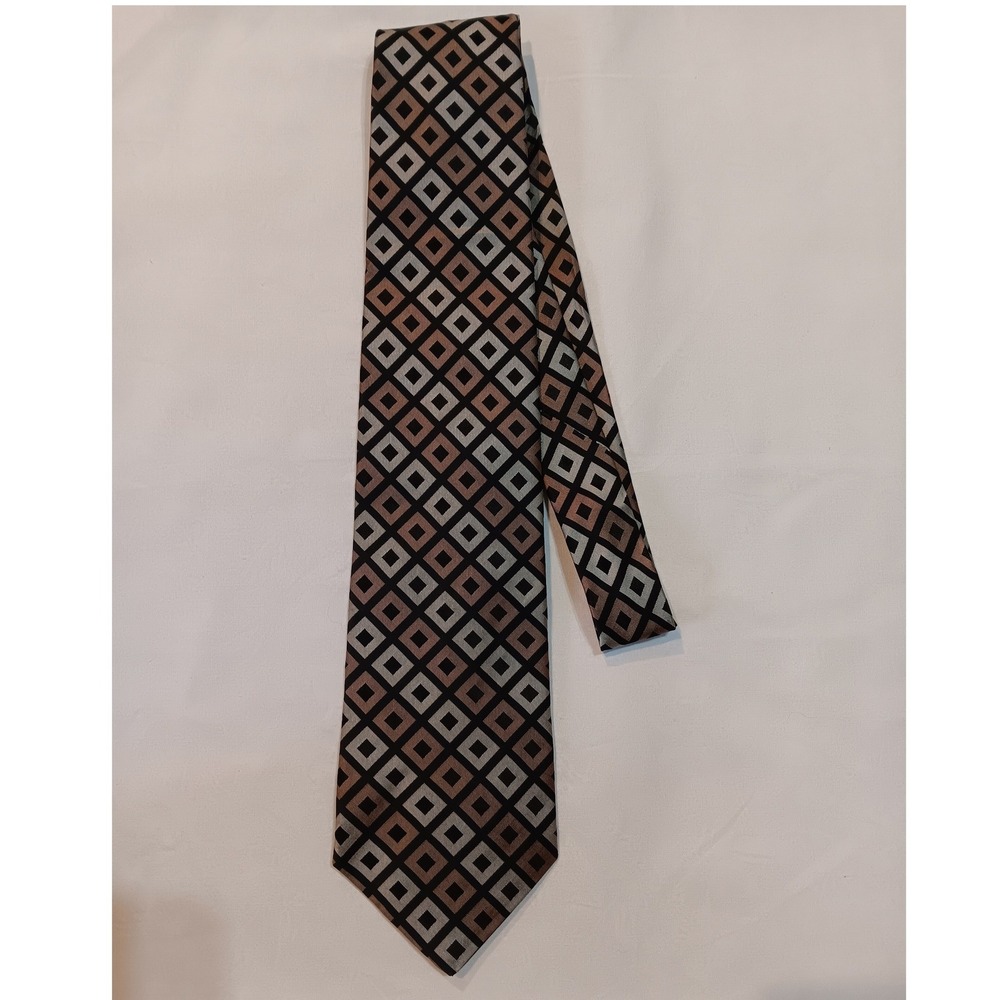 Murano Mens Silk Tie Black Bronze Silver Geometric Square Pattern Made in USA